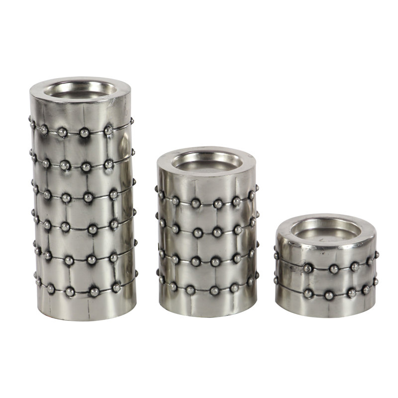 Metal Handmade Pillar Decorative Silver Candle Holder with Studs Set