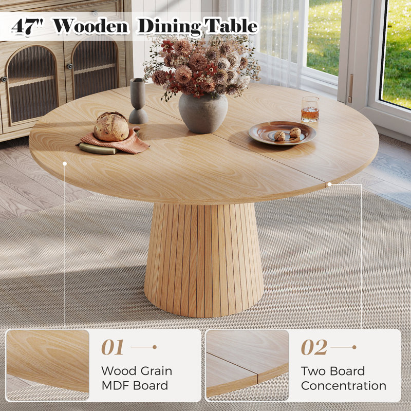 Ensemble de salle à manger de style Mid-Century pour 4-6 personnes, table à piédestal ronde en MDF et chaises en métal revêtues de lin