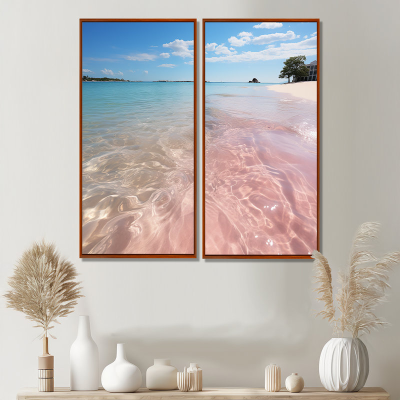 Plage de sable rose I - art mural nautique, 32" H x 32" W, Floater Frame, Brown