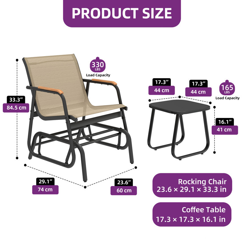 2-Person Gliding Rocking Chairs & Bistro Tea Table Garden Swing Seat Patio, Brown