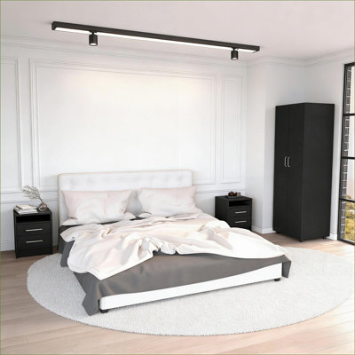 Ensemble de chambre à coucher | Ensemble 3 pièces moderne avec armoire + 2 tables de chevet, finition noire | Noir | Panneau de particules