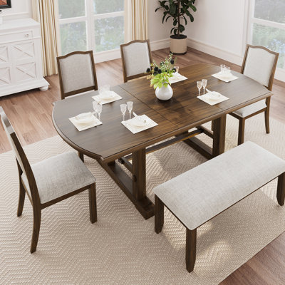 Ensemble de table de salle à manger extensible six pièces avec rallonge amovible, chaises et banc rembourrés, idéal pour les soupers en famille et les rassemblements
