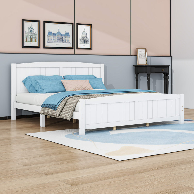 Lit plateforme en bois avec tête de lit et pieds centraux, Blanc, Très grand lit