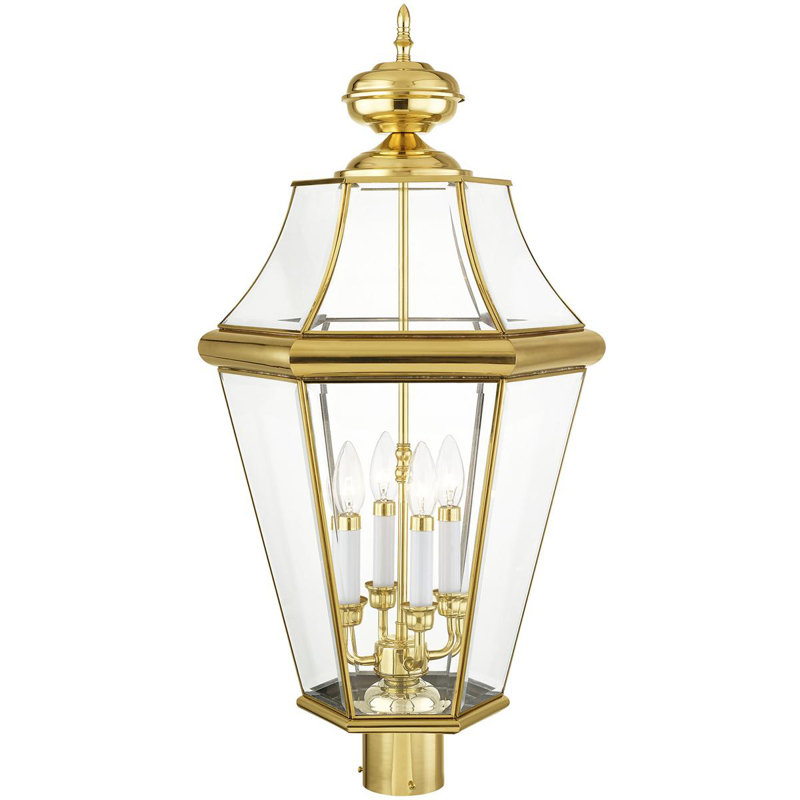 Polished Brass Outdoor Post Lantern with Clear Glass Shade - 4 Light Fixture