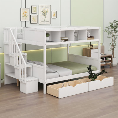 Lit superposé avec tablettes, escalier de rangement et 2 tiroirs