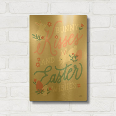 'Bunny Kisses 2 Beige' By Laura Marshall Gold Metal Wall Art, 12" x 16"