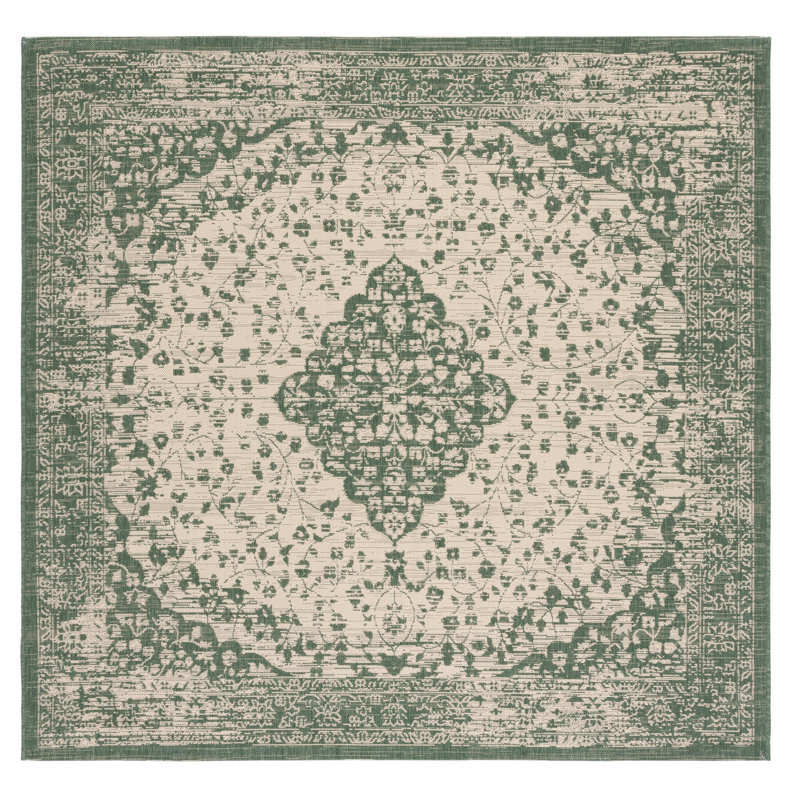 Tapis intérieur / extérieur vert foncé / beige Dracut, Carré 6 pi 7 po