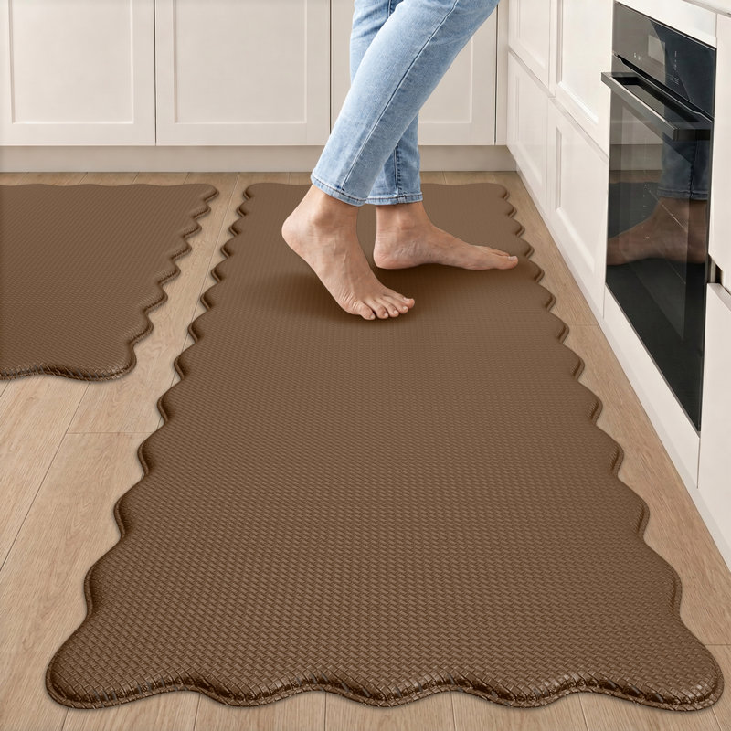 Scalloped Edge Anti Fatigue Kitchen Mats, Rectangle 17.3"x30" + 17.3"x59", Brown