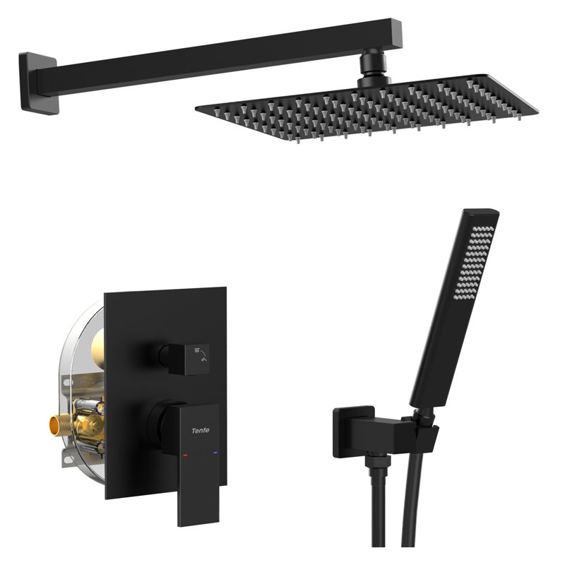 Système de douche noir mat avec pomme de douche à effet pluie de 10 pouces et ensemble de robinets de douche complet avec ensemble de soupape à pression équilibrée