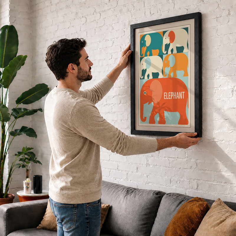 Elephant Study Grid Mid-Century - Framed Print, A2 - 59.4 x 42.0 cm, White