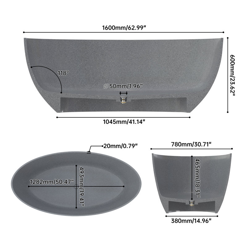 63'' Freestanding Soaking Terrazzo Bathtub With Center Drain In Gray