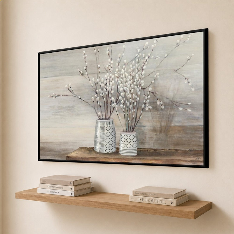 «Pussy Willow Still Life with Designs» par Julia Purinton - impression sur toile, H 44 po x l 64 po, Noir