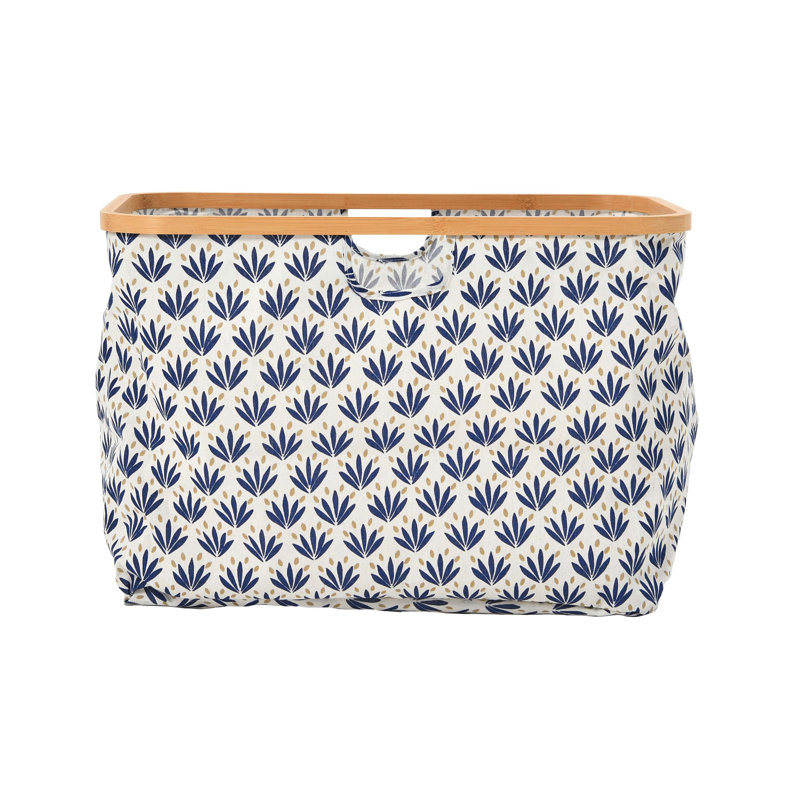 Panier en bambou à bordure en bambou avec poignées découpées, cactus bleus, Bleu / blanc /brun