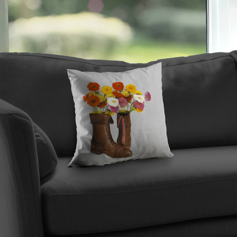Boots with Daisies Flowers Poly Twill Throw Pillow - Home Decor