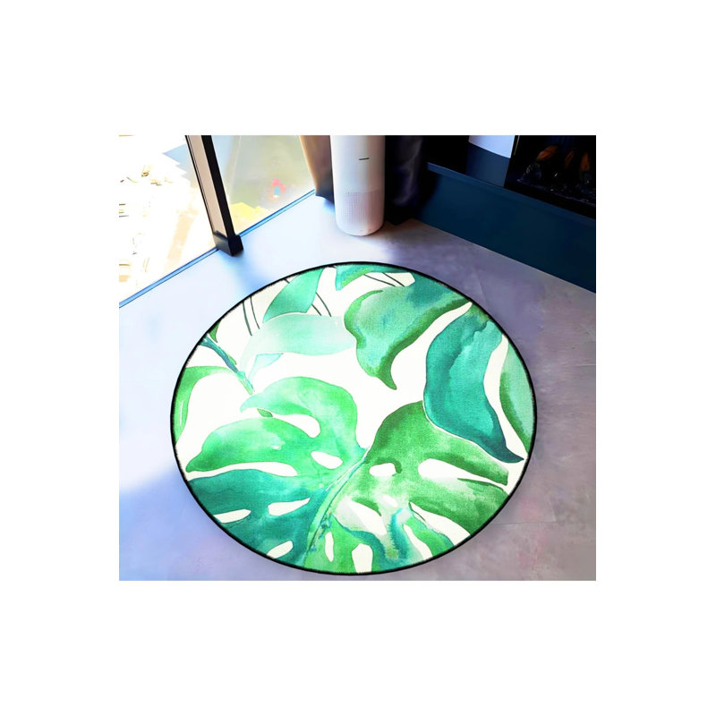 Green Leaf Patterned Woven Base Decorative Carpet, Round 4'