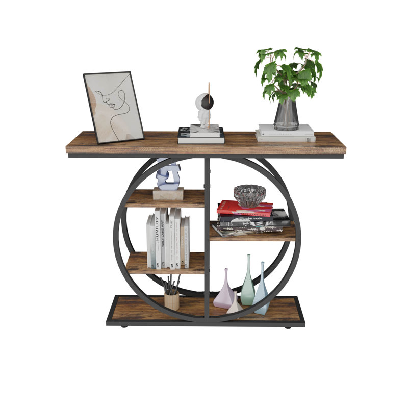 41.3" Industrial Console Table With Storage Shelves, Rustic Brown Circle Base