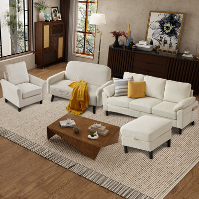 Ensemble de canapés en velours côtelé 4 pièces, canapé modulaire en L avec repose-pieds, causeuse et fauteuil simple