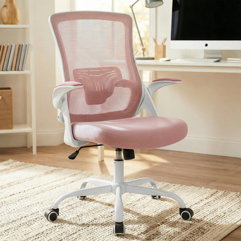 Chaise de bureau ergonomique Neeya, Rose, Base en acier, Sans repose-tête