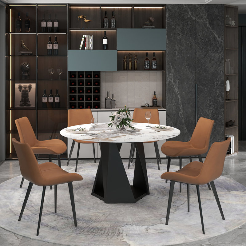 Ensemble de table de salle à manger en pierre frittée 7 pièces avec chaises en similicuir, Ivoire ivoire