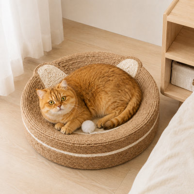 Lit à griffes rond en sisal pour chat avec oreilles de chat - bol à griffer durable de 17,9 po x 4 po avec jouet à pompon suspendu, coussin à griffer 2-en-1 et nid de repos pour chats d'intérieur (blanc)