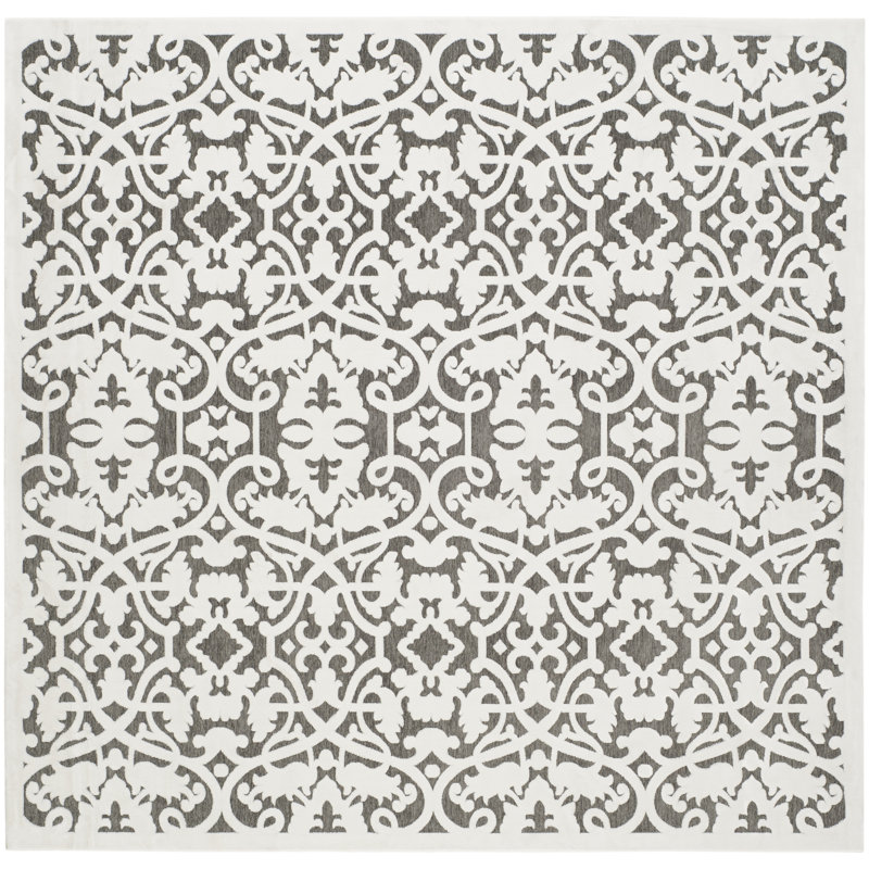 Ivory and Dark Grey Floral Square Wool Rug