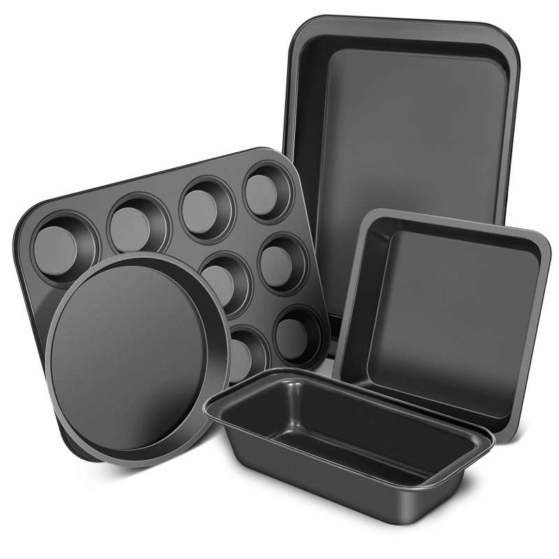 Baking Pans Set, 5-Piece Nonstick Bakeware Set With Round/Square Cake Pan, Loaf Pan, Cookie Sheet And 12 Cups Muffin Pan, Kitchen Cookware Pan Baking Sheet Set