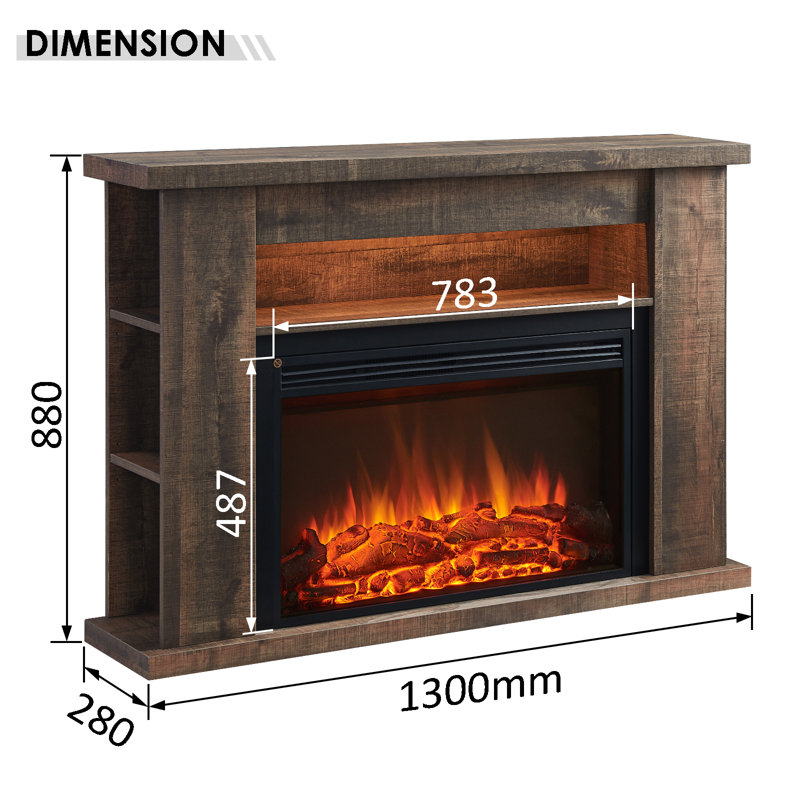 LIPSON FLAMME Electric Fireplace, Rustic Dark Oak, 88cm H x 130cm W x 28cm D