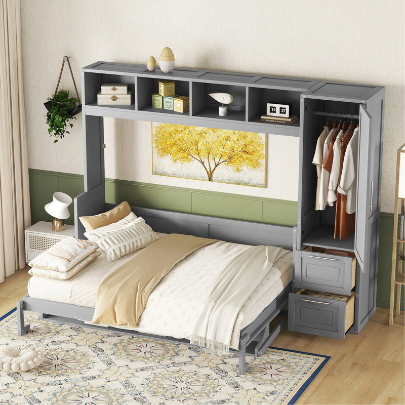 Grand lit escamotable mural avec placard et tiroirs, gris