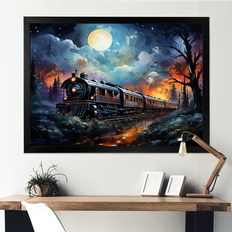 «Orange Moonlight Countryside Train Journey II» - art mural train, Cadre d'angle fermé noir, H 16 po x l 32 po x P 1 po