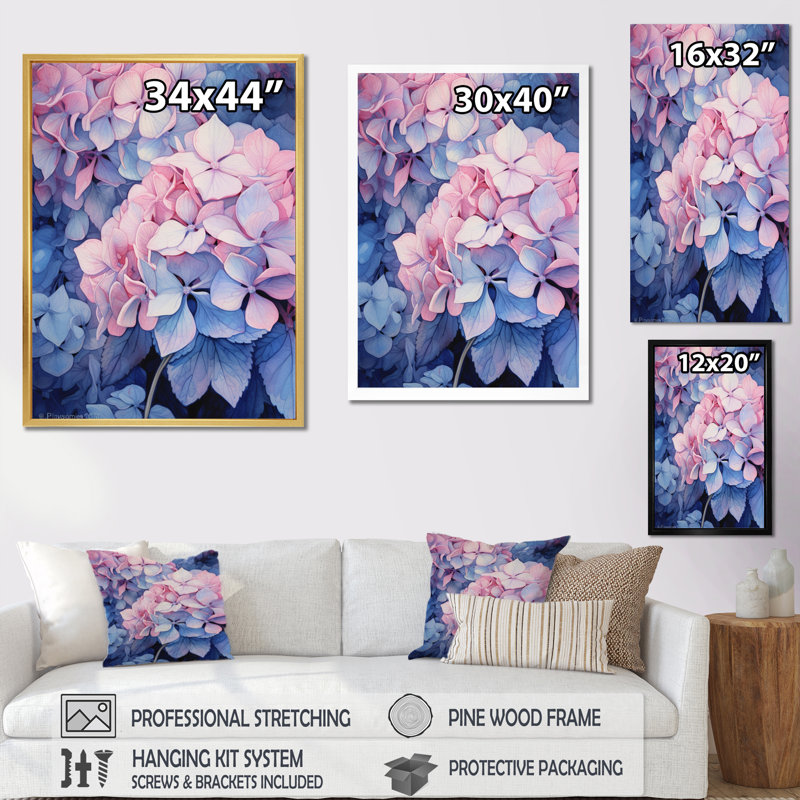 Fleurs d'hortensia roses et bleues sur toile, Toile tendue, H 32 po x l 16 po x P 1 po
