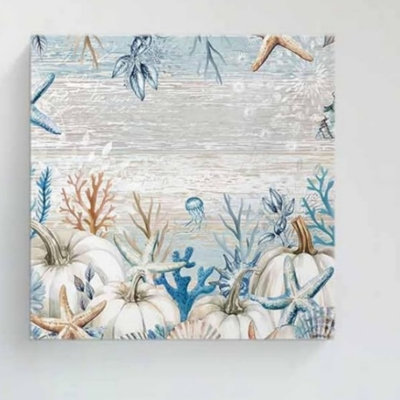 «Blue Coastal» Étoile de mer, corail, coquille non encadrée, art mural 16 po x 16 po