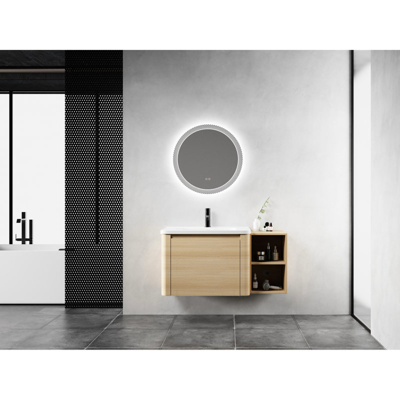 Meuble-lavabo de 40 po avec fonction murale, lavabo en céramique blanche, tablettes de rangement, porte à fermeture en douceur, contreplaqué en chêne américain pour une meilleure organisation, petites charnières de fermeture, 45 cachées