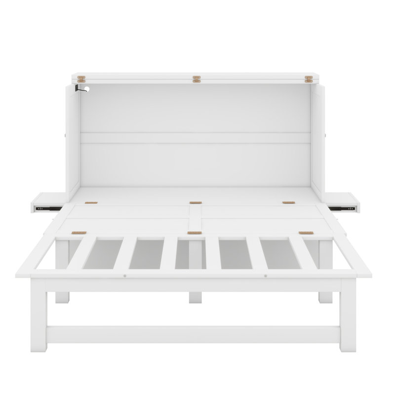 White Queen Murphy Bed Cabinet with Charging Station and Side Shelves, Space-Saving Wall Bed Frame, Queen, White