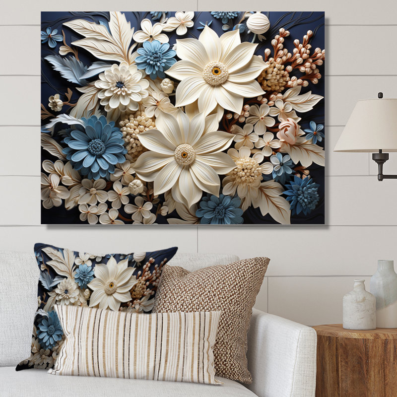 «White Blue Wildflowers Natures Tapisserie II», reproduction sur toile, H 16 po x l 32 po x P 1 po, Toile tendue