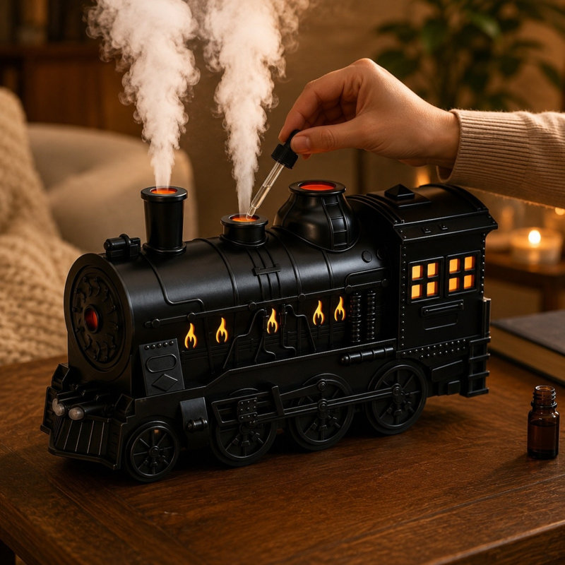Diffuseur d'huiles essentielles vintage en forme de train, humidificateur et diffuseur d'aromathérapie USB avec brumisation, idéal pour la décoration de la maison, du bureau ou du bureau.