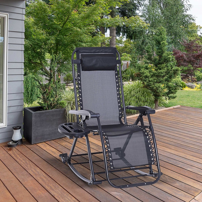 Outdoor Roc ChairsFoldable Reclining Zero Gravity Lounge Rocker w PillowCup, Black