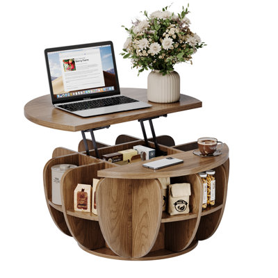 32.7" Lift Top Coffee Table With Storage, Wood Round Center Table With Hidden Storage Compartment & Shelves