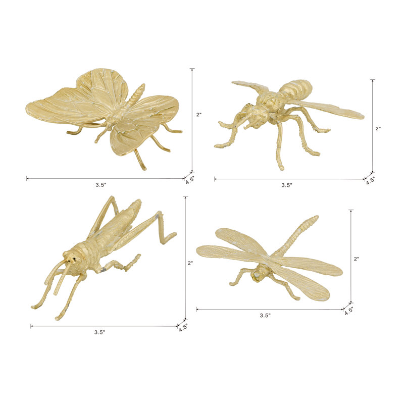 Cast Iron Insect Decorations - Set of 4 - 3.5" x 4.5" x 2" - Gold