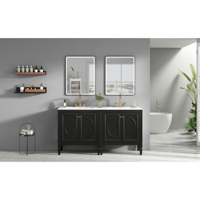 Meuble-lavabo double 60 po, fabriqué en bois massif et d'aspect rétro élégant, en céramique avec débordement en métal, compartiments de tiroir réglables avec rangement de 60 po, design, fermeture en douceur