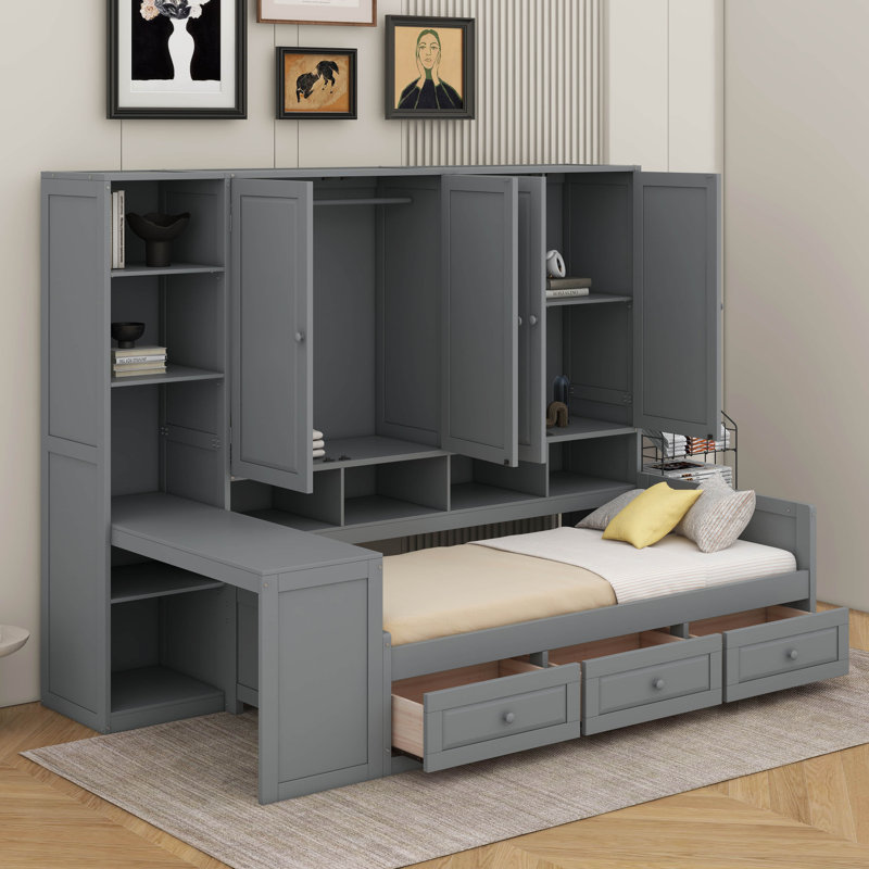 Lit de jour simple en bois avec tiroirs, bureau et tablettes, Lit simple, Gris