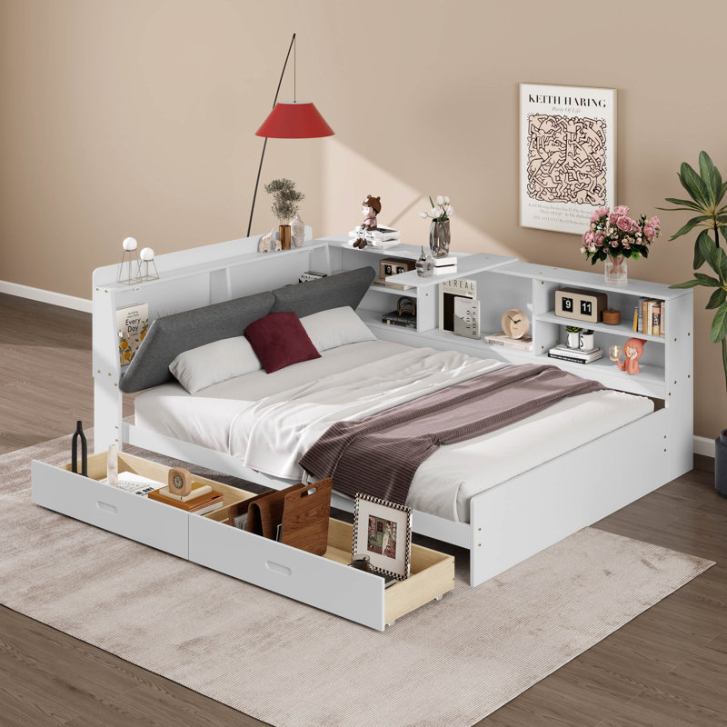 Lit plateforme en bois avec tête de lit, tablettes et 2 tiroirs, Blanc