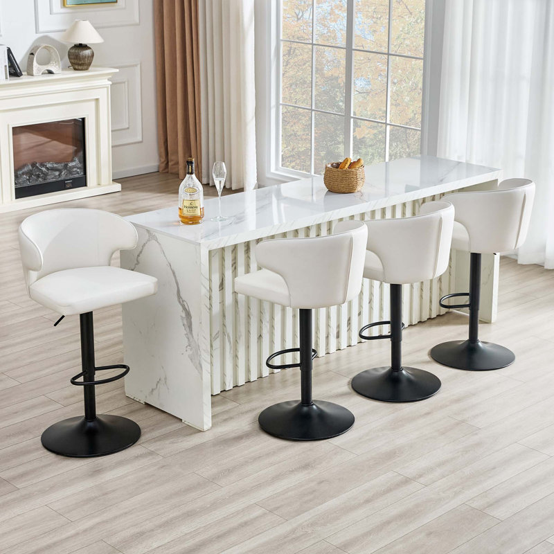 Chaise de bar pivotante moderne et réglable avec support ergonomique à haut dossier, Noir, Blanc / similicuir, 4