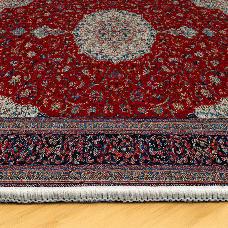 Guria Red/Beige Oriental Machine Printed Cotton Chenille Area Rug, Runner 3'4" x 7'3"