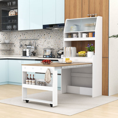 Multifunctional Buffet Hutch with Foldable Dining Table, Storage Cabinet, Shelves and Side Hooks