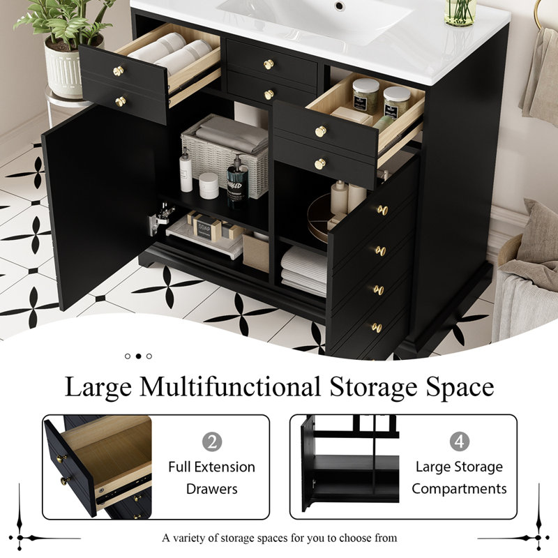 Ensemble de meuble-lavabo 36 po avec lavabo en céramique, meuble de rangement en bois massif, ensemble de meuble-lavabo autoportant avec 2 tiroirs et portes à fermeture douce