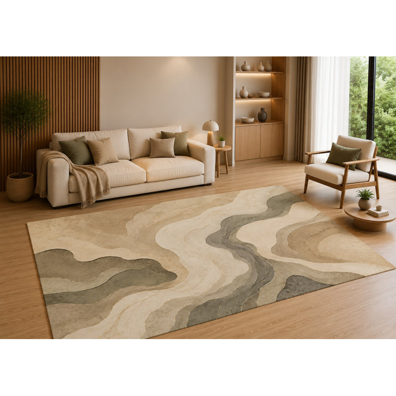 Tapis ultra-léger 152 x 213 cm, motif abstrait marbré neutre, envers antidérapant en silicone, velours ras doux, idéal pour le salon et la chambre à coucher. Décor moderne beige à vagues.