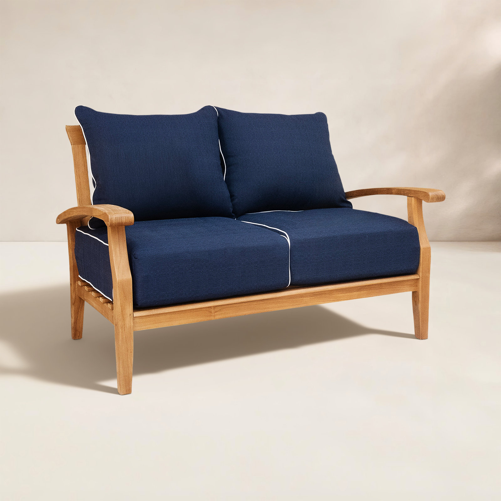 Summerton 54" Teak Patio Loveseat, Natural, Navy White Piping