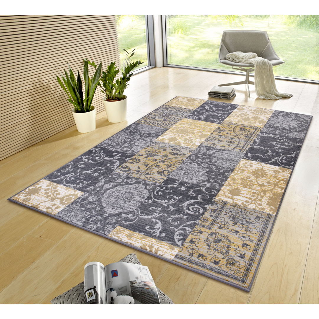 Bloques Teppich Kurzflor - Wohnzimmerteppich Modern für Wohnzimmer, Schlafzimmer - Grau Mustard