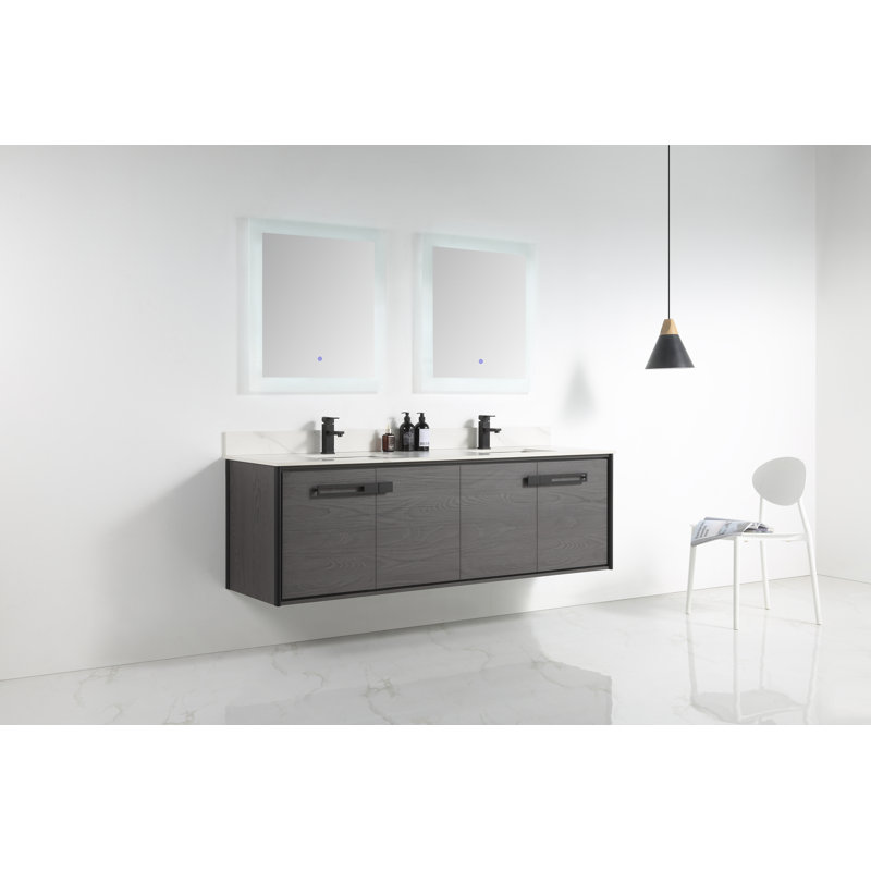 72'' Double Bathroom Vanity with Carrara Quartz Top, Black Coal Oak, Matte Black