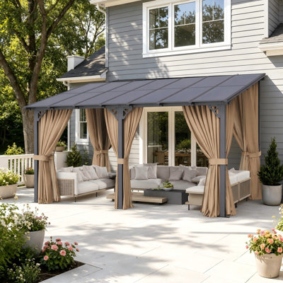 Pavillon de jardin mural rigide 14 po x 10 pi avec toit en polycarbonate et rideaux d'intimité